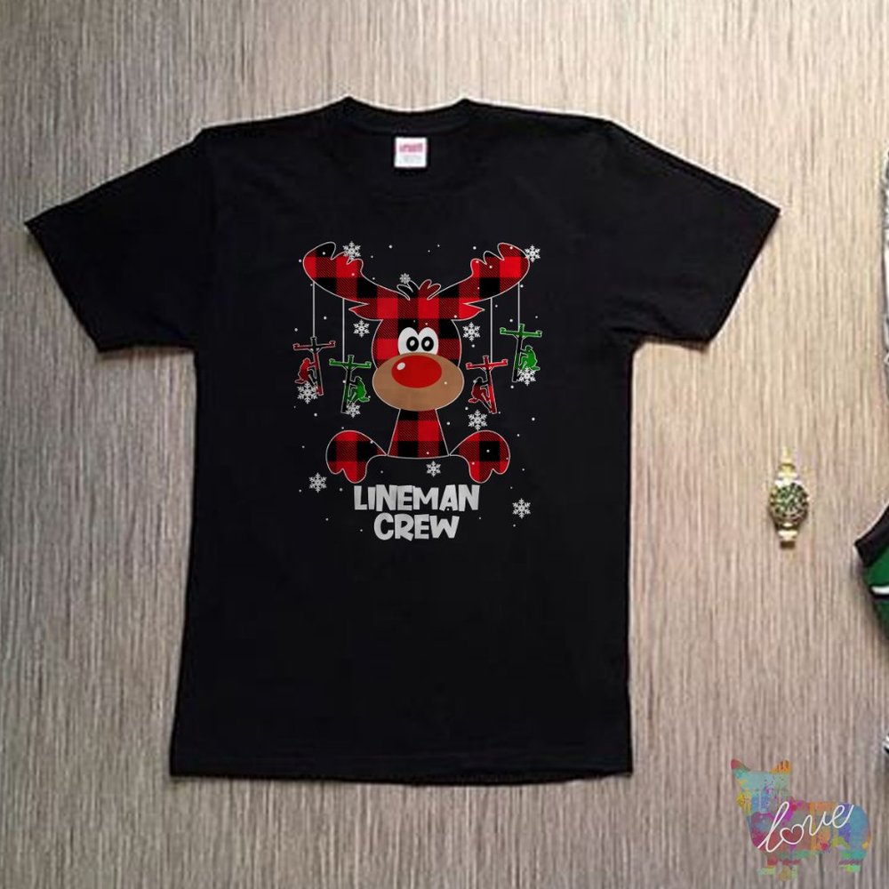 Funny Lineman Crew Red Plaid Buffalo Reindeer Xmas